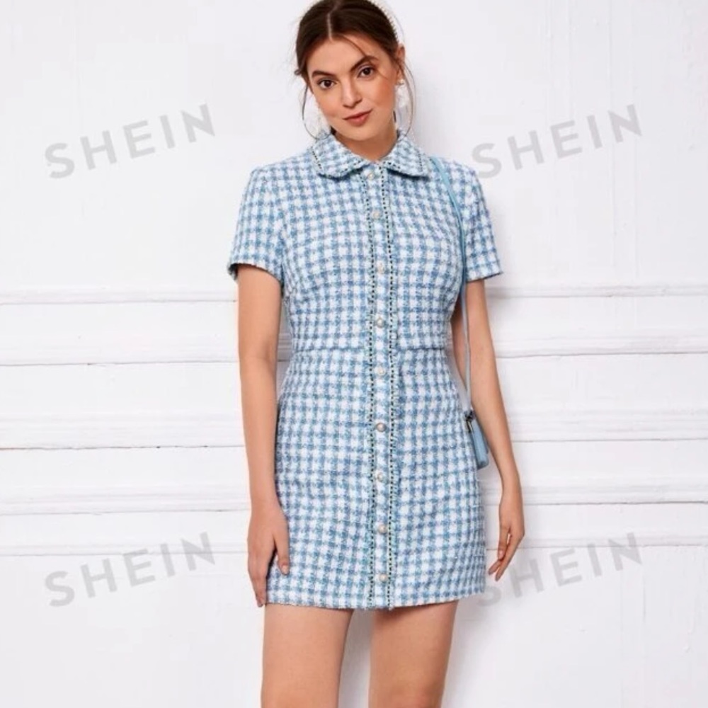 SHEIN tweed raw trim blue plaid dress